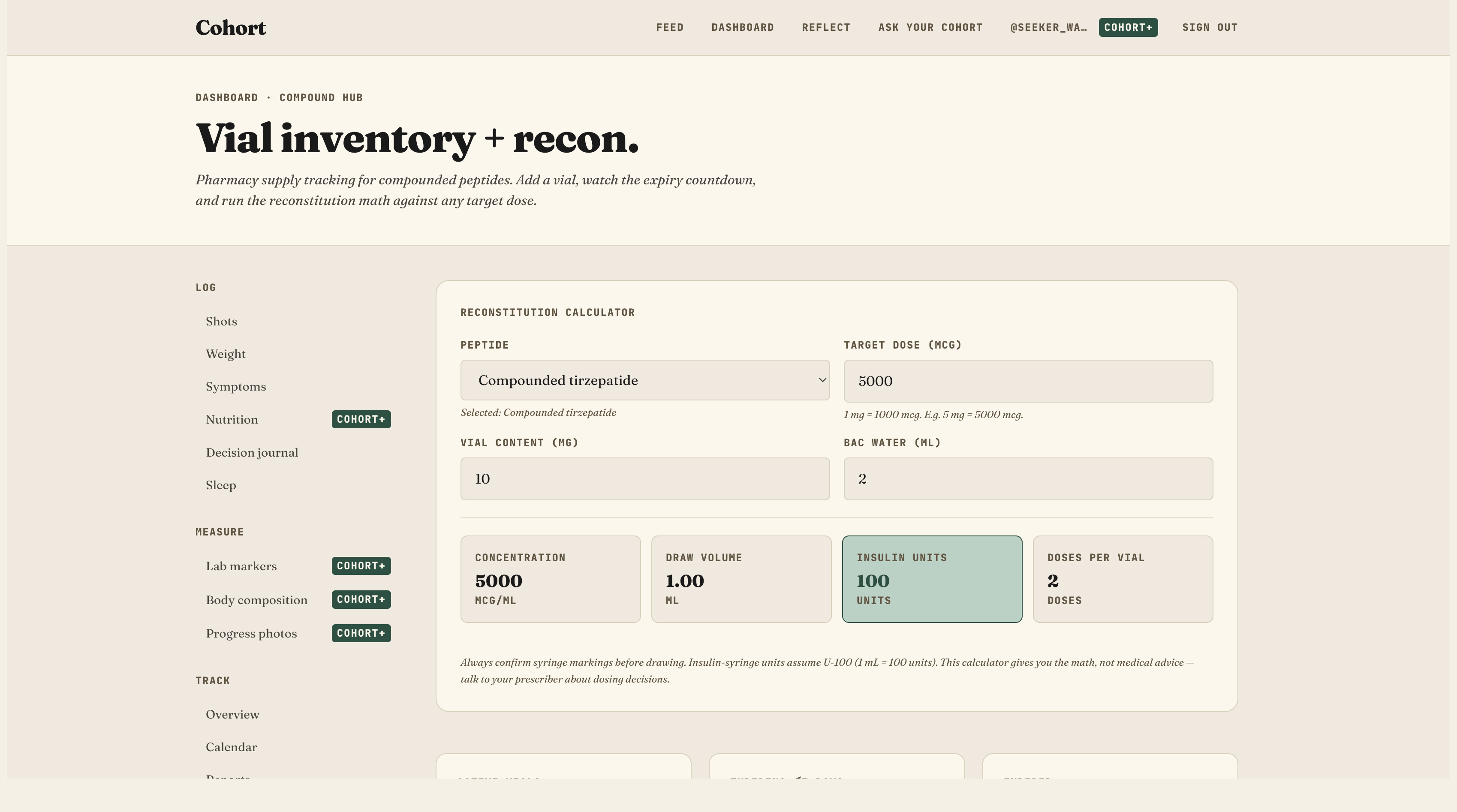 Reconstitution calculator for compounded peptides — vial content, BAC water, insulin units math