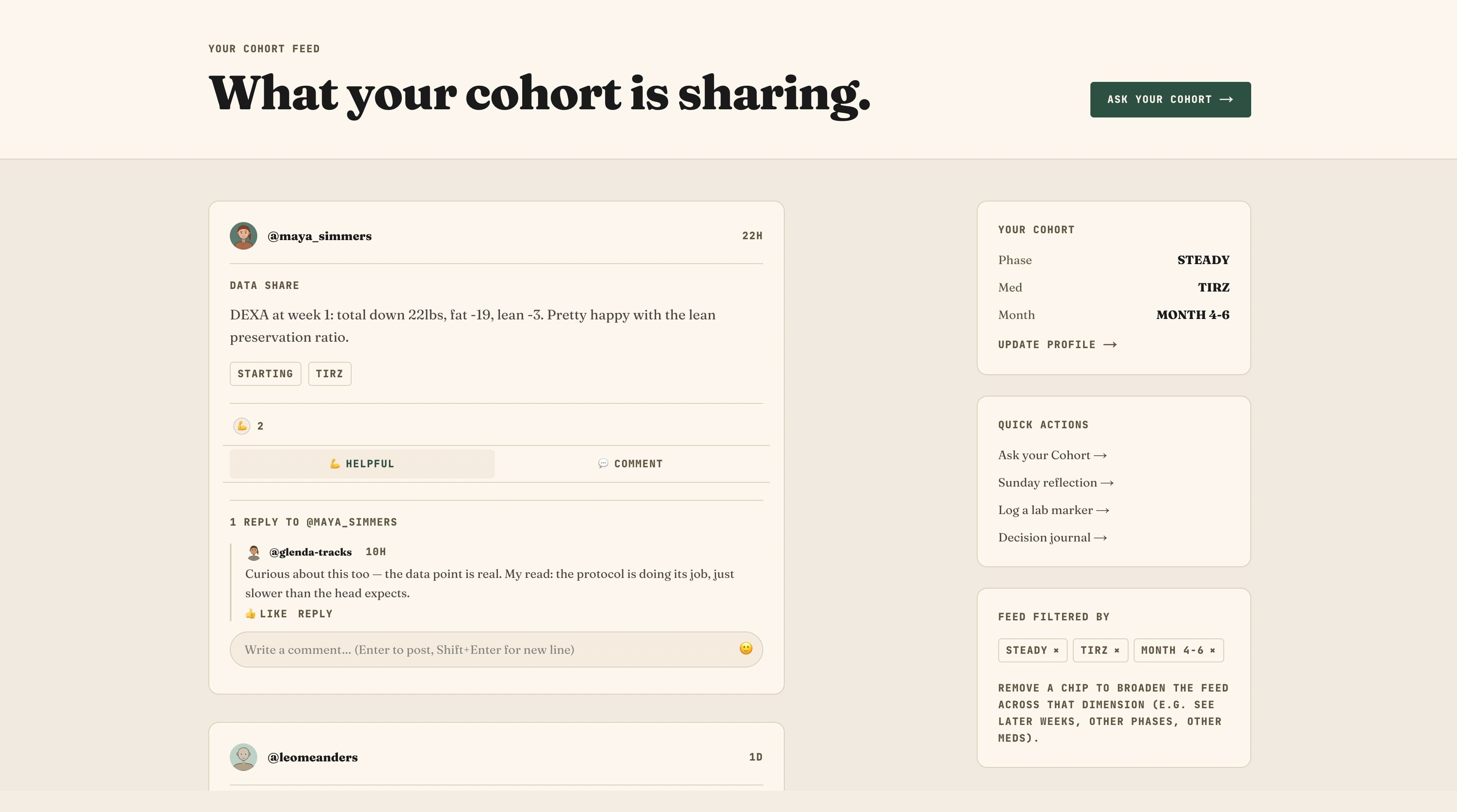 Cohort feed — letters from Eric, real cohort posts filtered to your phase and medication