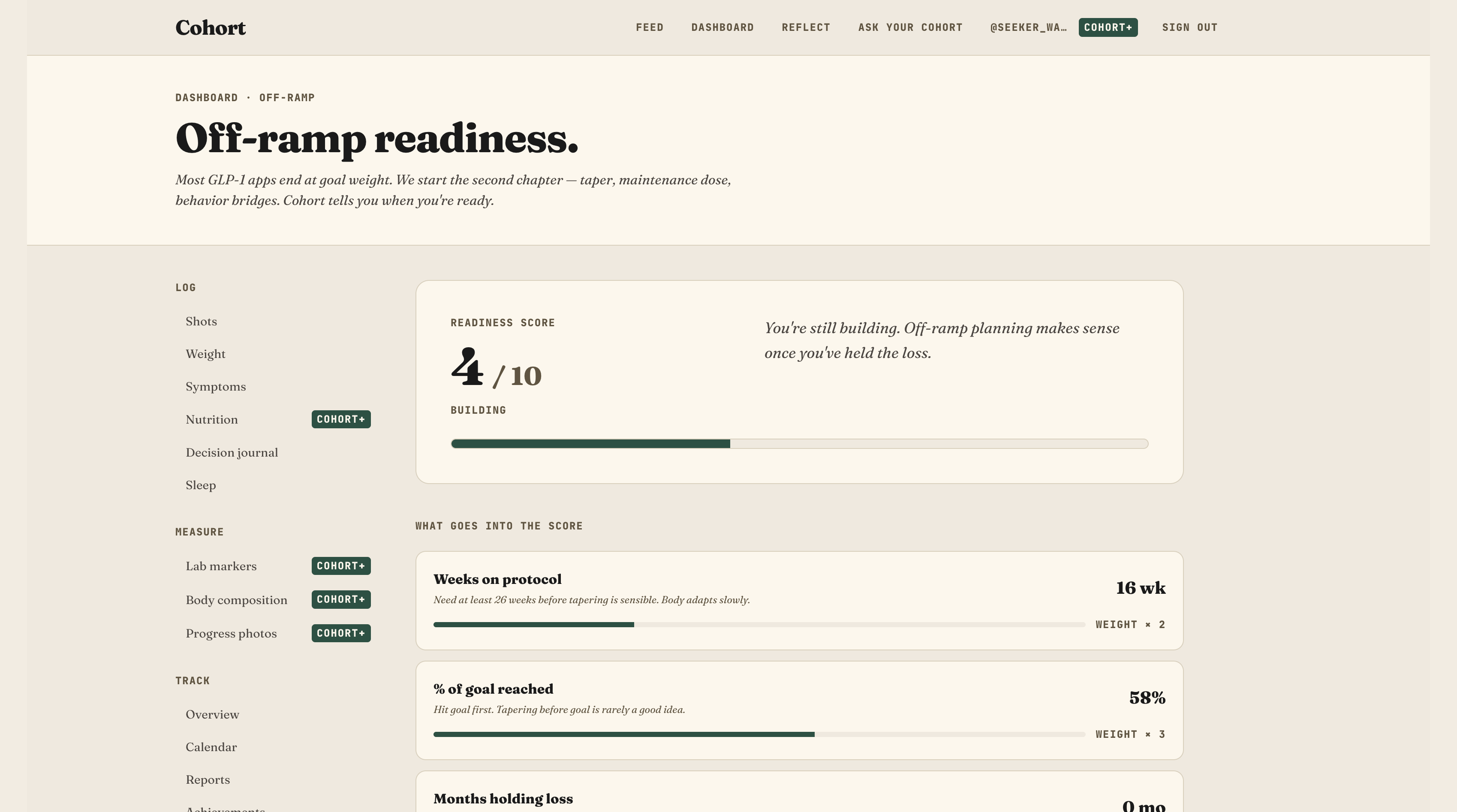 Off-ramp readiness score with breakdown of weeks on protocol, % of goal reached, months holding loss