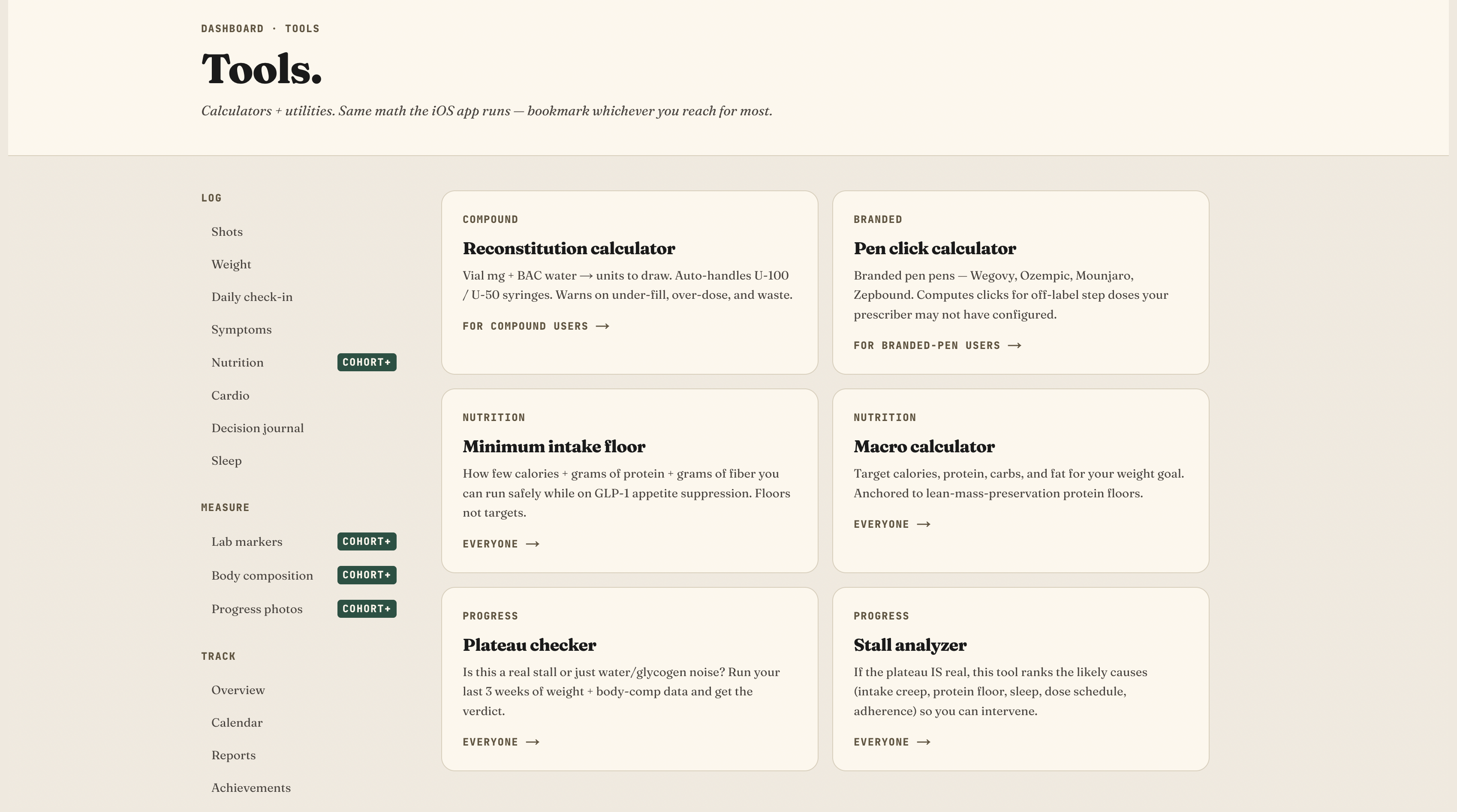 Cohort tools hub — reconstitution math, pen-click conversion, intake floor, macros, plateau checker, stall analyzer
